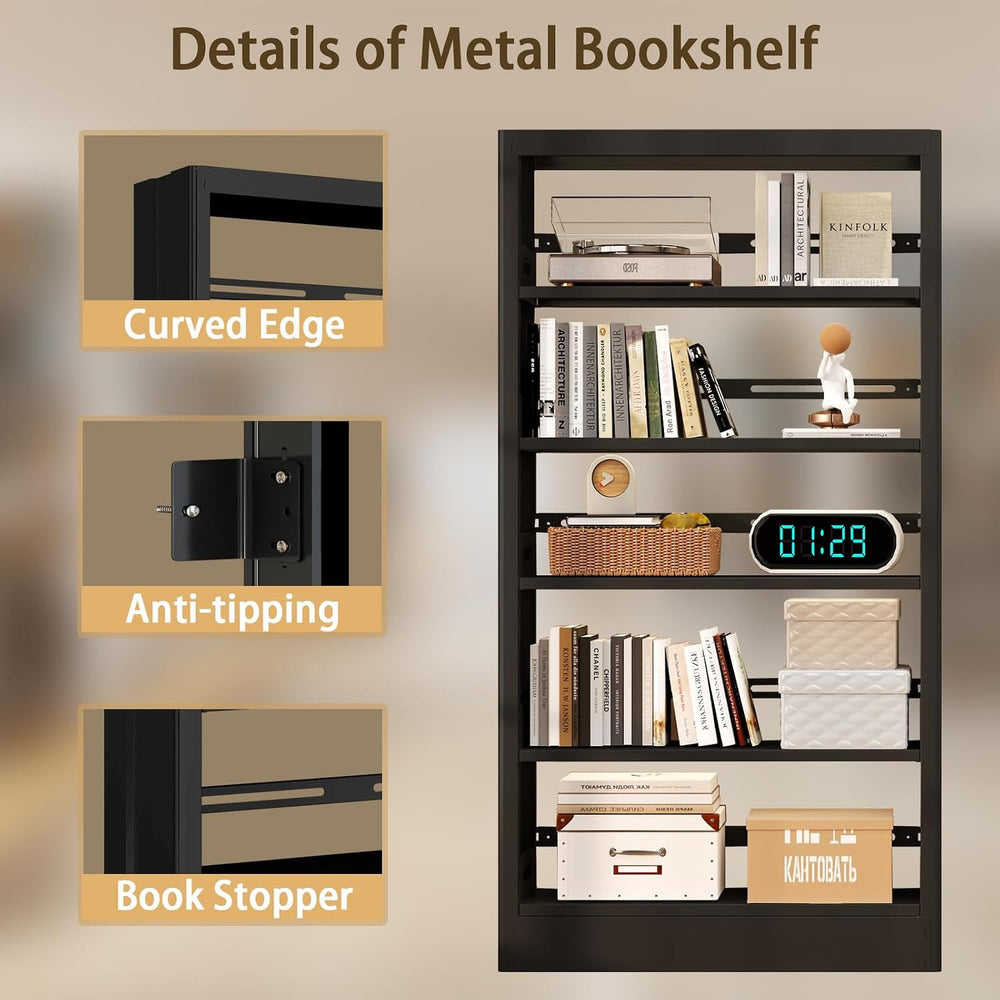 71"H Metal Bookshelf, 5 Tier Bookcase with Adjustable Shelves, Tall Book...
