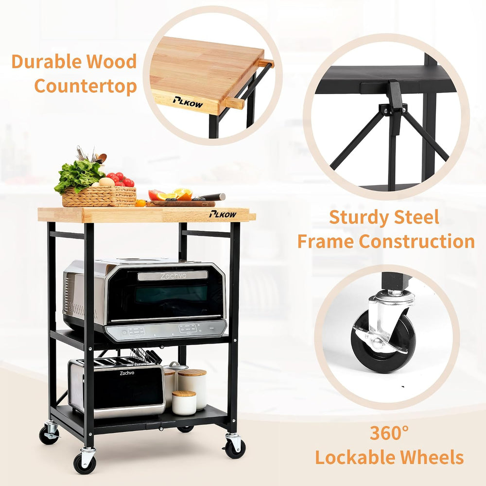 PLKOW Foldable 3-Tier Rolling Kitchen Cart with Solid Oak Top, Black | Solid ...