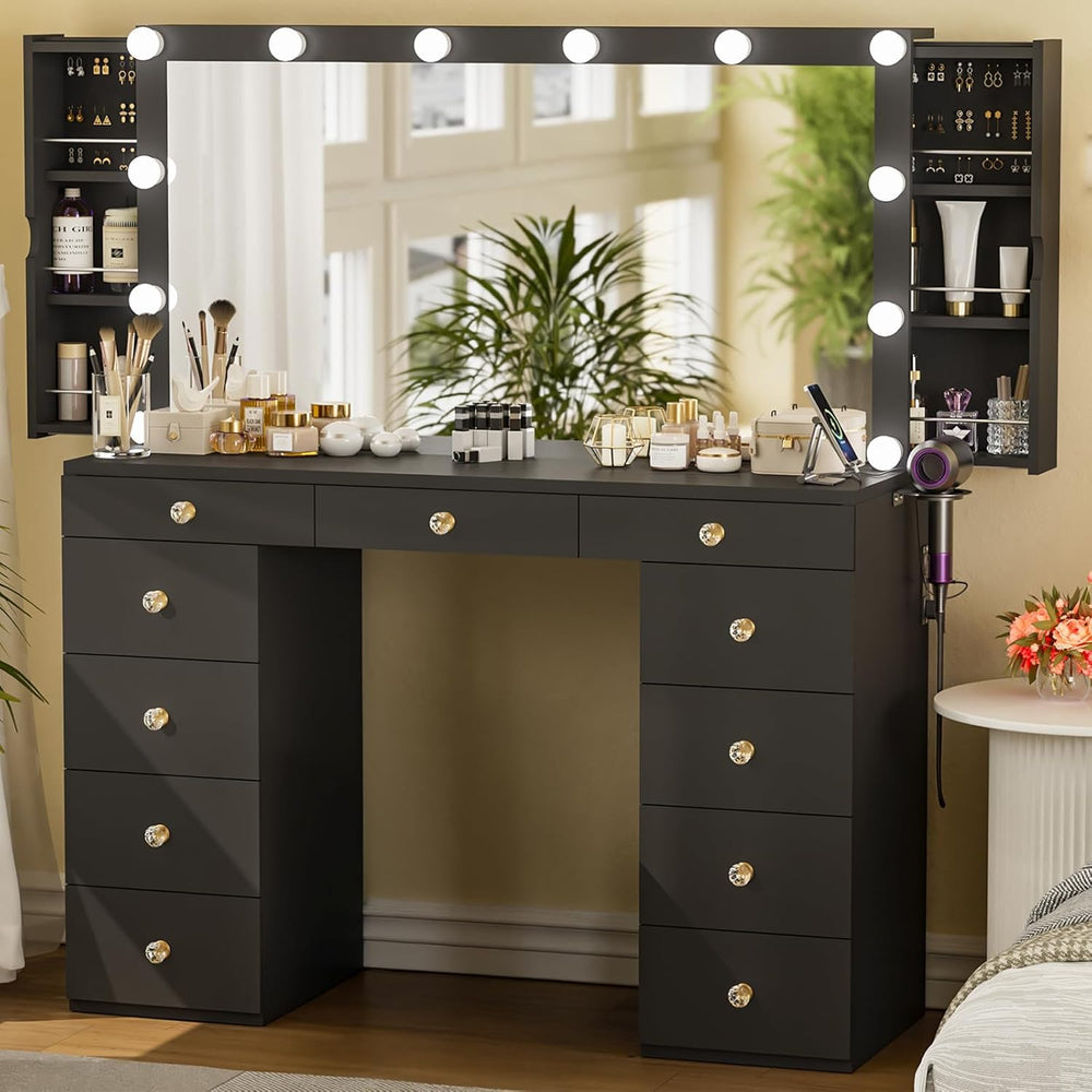 Likein Vanity Desk with Mirror and Lights, Black Vanity with Hidden Jewelry S...
