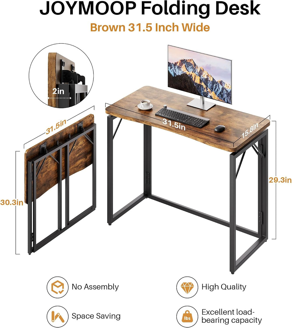 JOYMOOP 31.5" Rustic Brown Folding Desk No Assembly, Wooden Top, Small Size
