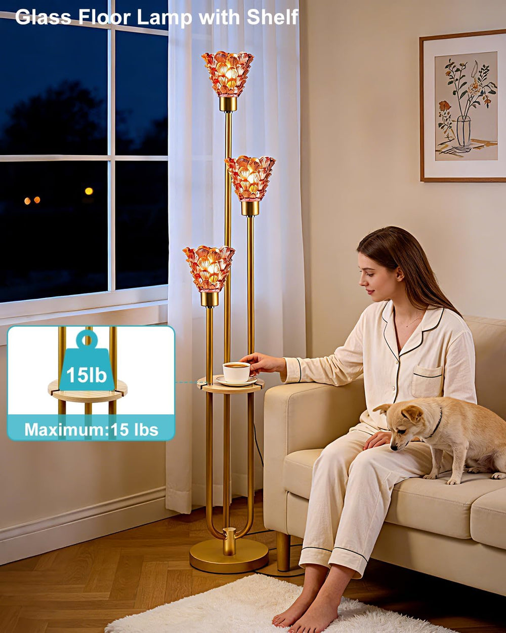 Glass Floor Lamp with Shelf, 63IN Mid Century Modern Gold Floor Lamps with 3 ...