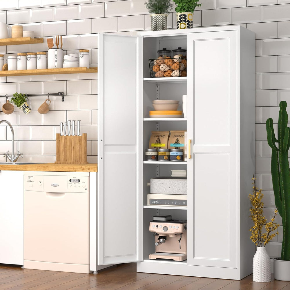 Polup 71" White Metal Kitchen Pantry Storage Cabinet with Doors and Shel...