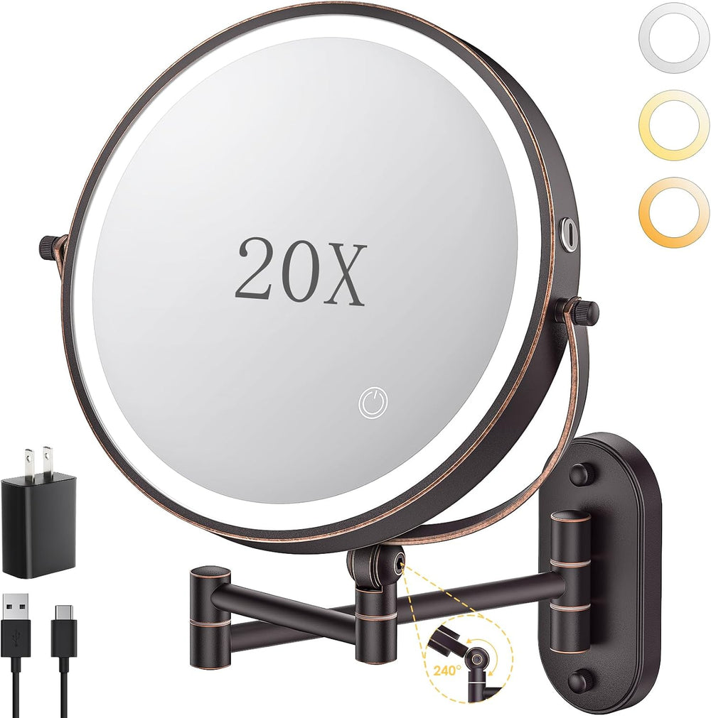 9" Wall Mounted Lighted Makeup Mirror,4000mAh Rechargeable Double Sided ...