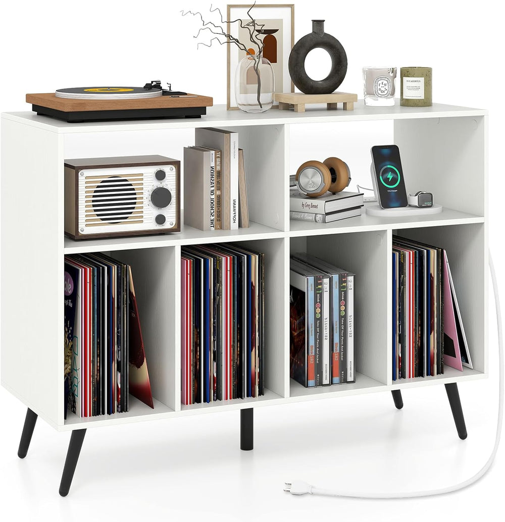 LOKO Large Record Player Stand, Vinyl Record Holder with Built-in Power Outle...