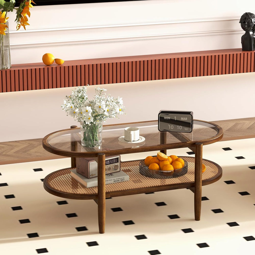 GIANTEX Rattan Coffee Table, 2-Tier Oval Acacia Wood Tea Table w/Tempered Gla...