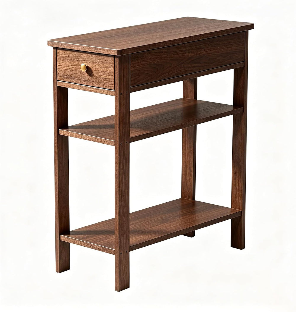 Solid Wood Narrow End Table with Drawer and 3-Tier Storage, Slim Nightstand f...