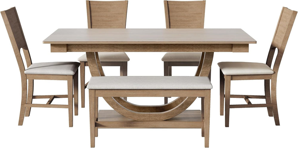 LUMISOL 6-Piece Dining Table Set with Bench and 4 Chairs, Wood Half Round Kit...