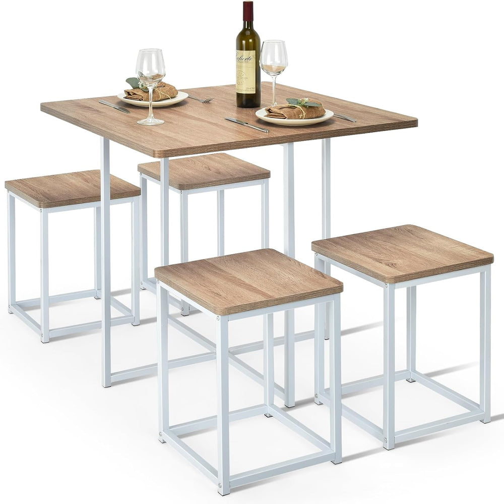 GIANTEX Dining Table Set for 4, Metal Frame, Space-Saving (Natural & White)