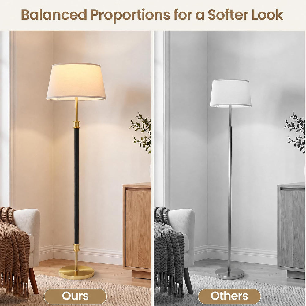 Modern Mid Century Floor Lamp with Soft Linen Shade, 63” Tall Black & Bra...