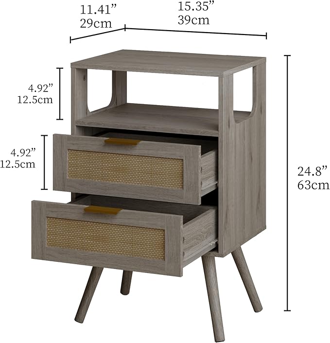 Rattan Nightstand,Farmhouse Bedside Table with 2 Storage Drawer and Open Wood...