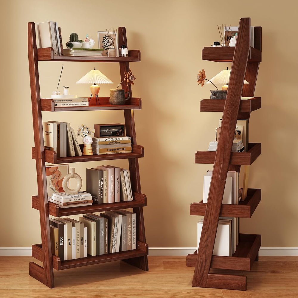 5 Tier Ladder Shelf, Ladder Bookshelf with Wood Frame