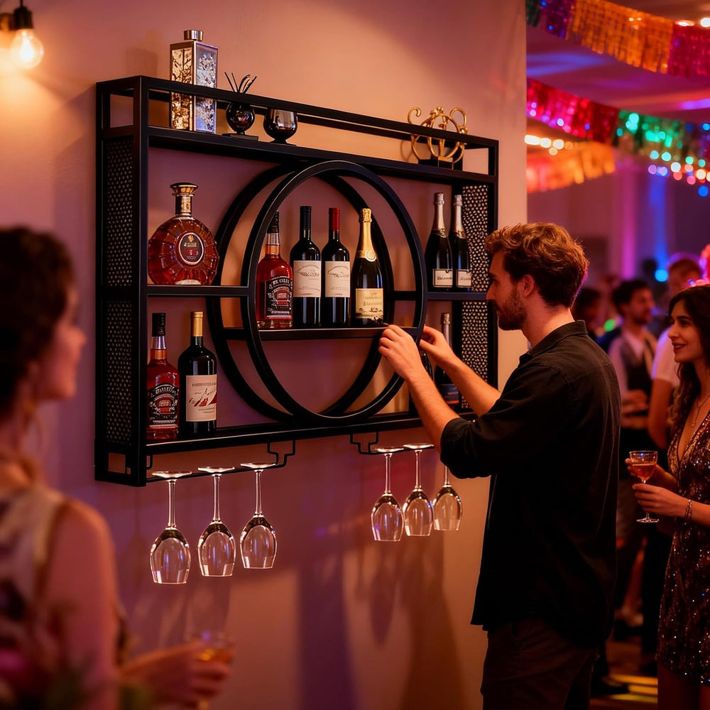 Wall Mounted Wine Rack, Metal Floating Bar Shelves with Wine Glass Holder, Mi...