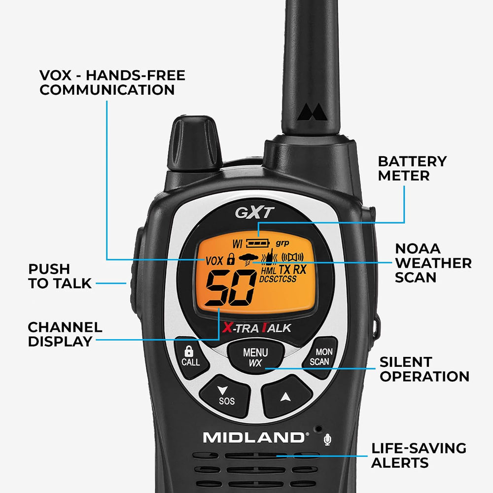 Midland GXT1000VP4 GMRS Two-Way Radios with Headsets, Black, 2 Pack