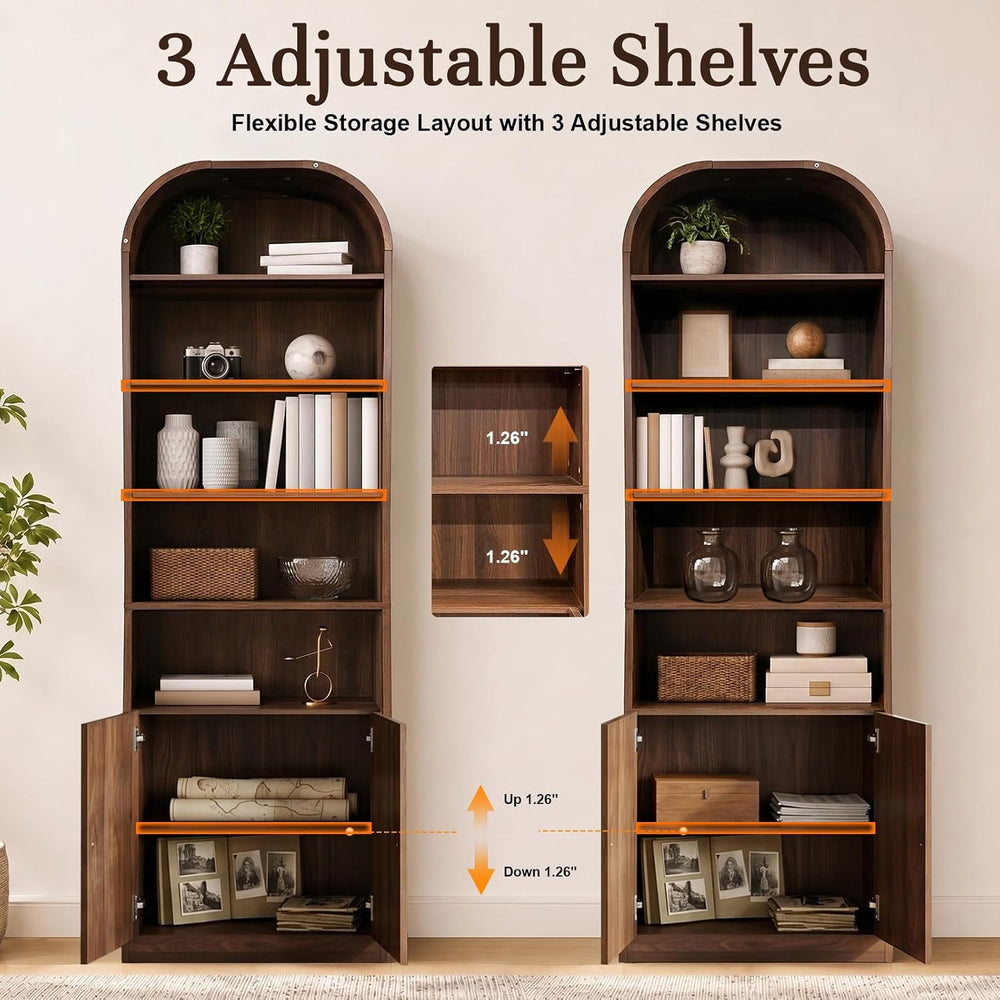 71" Tall Arched Bookshelf with Door, 7 Tiers Arched Bookcase with Storag...