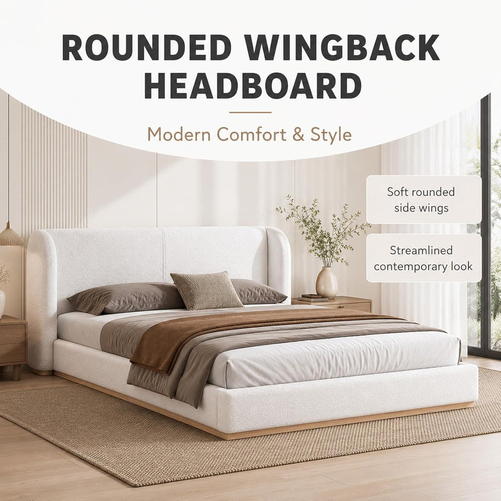 Queen Size Bed Frame, Rounded Wingback Headboard, Boucle Fabric