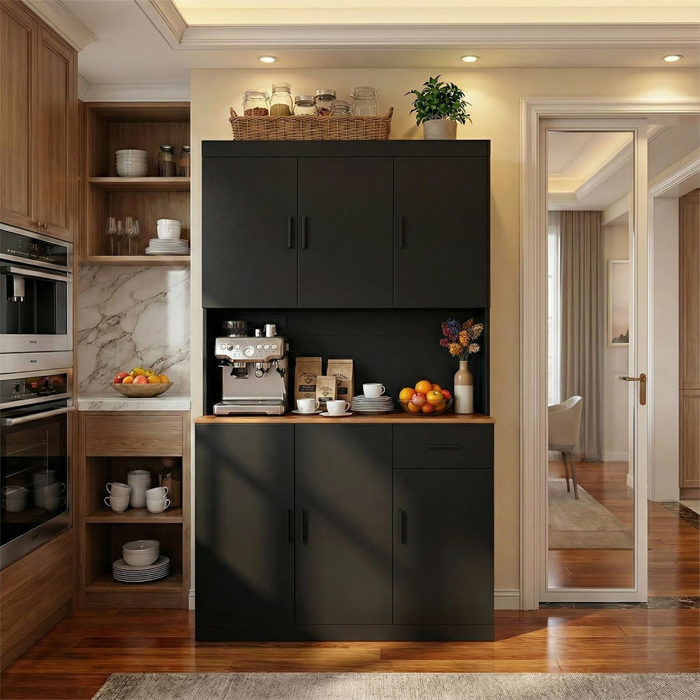 DIYART 71 Inch Black Pantry Cabinet with Power Outlet, Heavy-Duty Freestandin...