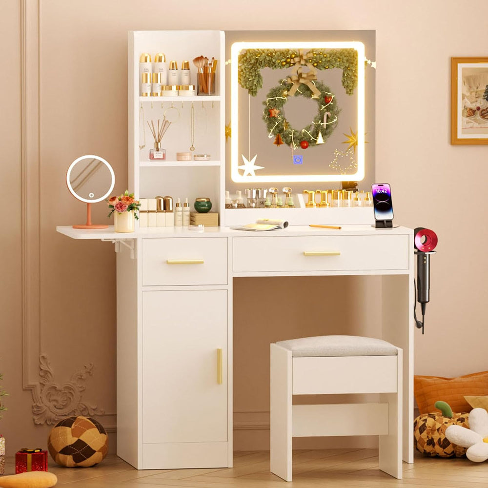 ERLEJIA Vanity Desk with Mirror and Lights & Extral Foldable Desk, 31.5&q...