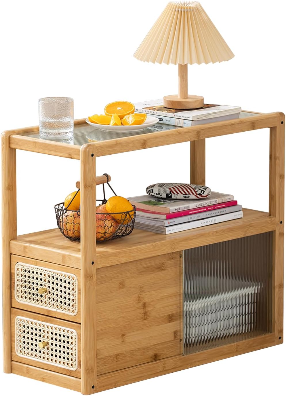 Bamboo & Rattan Side Table with Glass Top – 2-in-1 End Table and Bedside ...