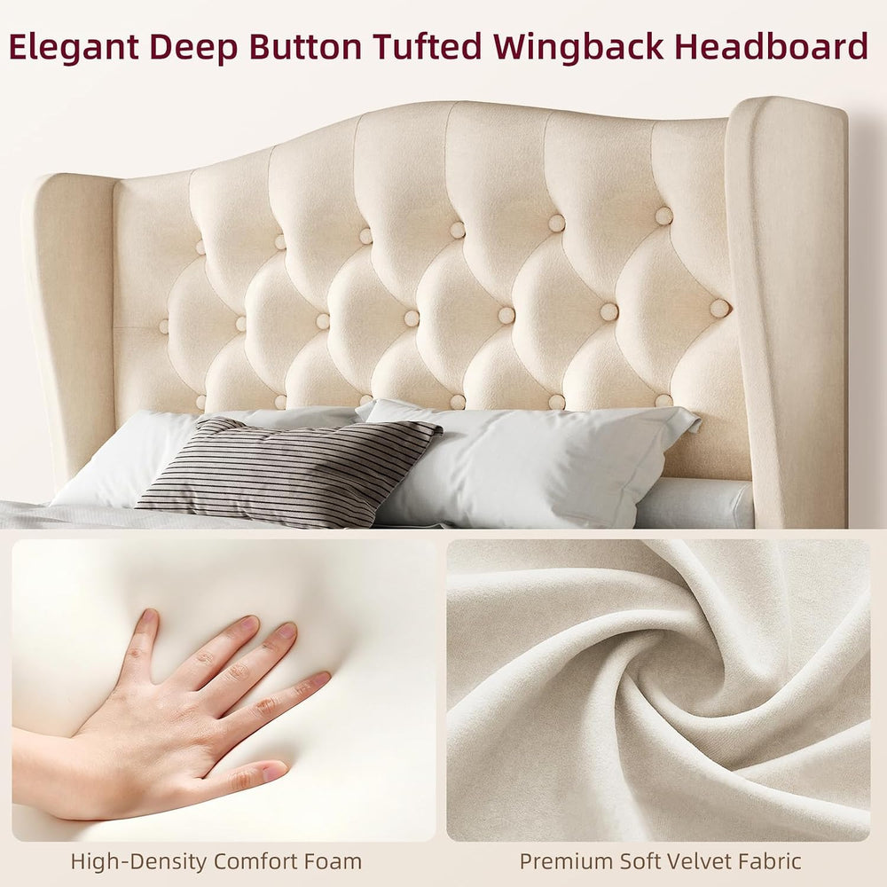 HOMBCK King Bed Frame with 49" Headboard, Velvet Upholstere King Size Be...