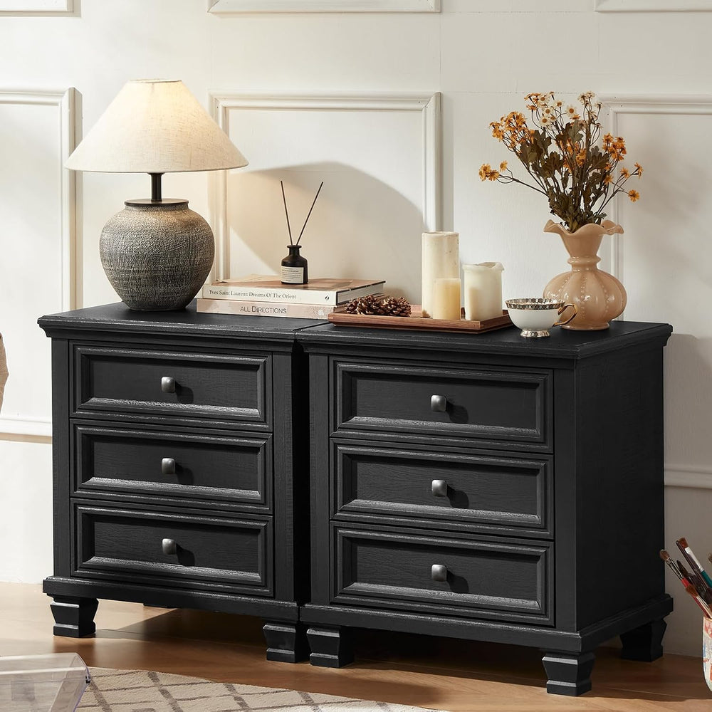 SAVOR LIFE 3-Drawer Nightstand Set of 2 with Solid Wood Legs, Black | Pair of...