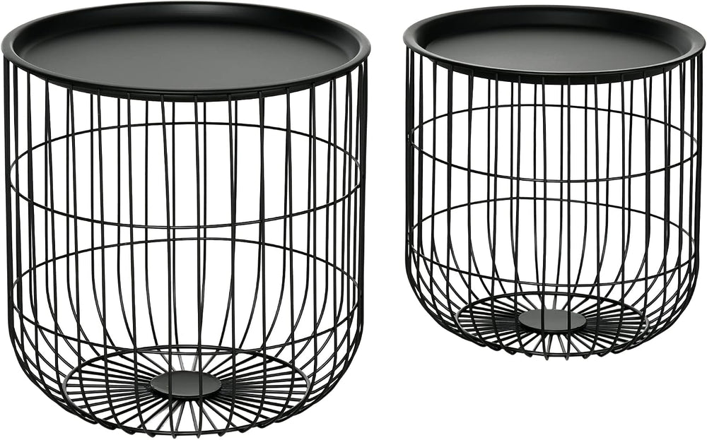 HOMCOM Nesting Coffee Tables Round Wire Basket Table Set of 2 Black | Removab...