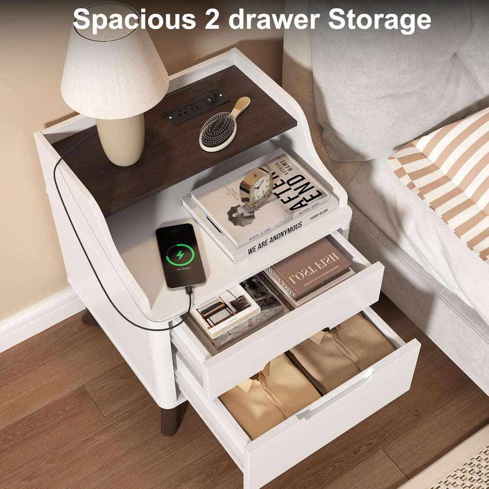 Nightstand with Charging Station, 21" Tall Nightstand w/2 Storage Drawer...