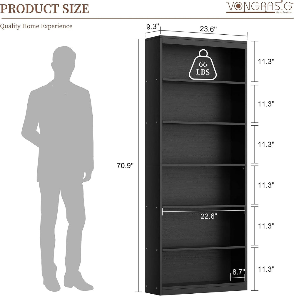 Vongrasig 71" H Tall Bookshelf, Modern Wood Display Bookcase, Black
