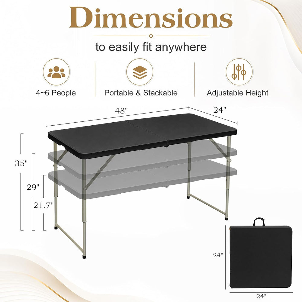 VECELO Folding Table 4 Ft, 3 Adjustable Height, Portable w/Handle, Black | Fo...