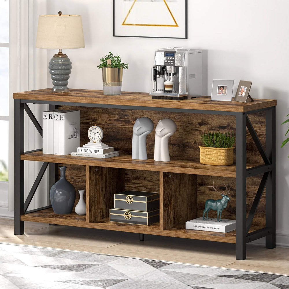 EXCEFUR 47 Inch Rustic Brown Horizontal Bookshelf, Modern Industrial Wood &am...