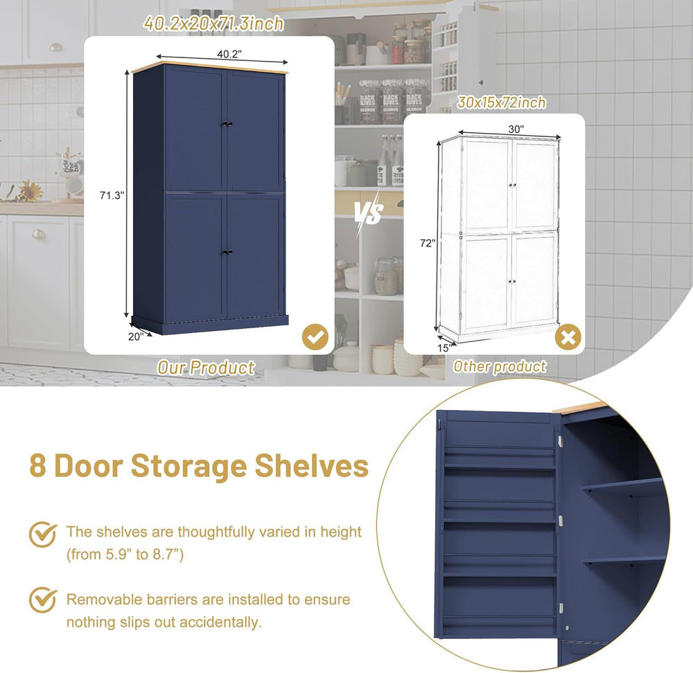 71.3" Freestanding Kitchen Pantry Cabinet with 2 Drawers, 8 Door Shelves...
