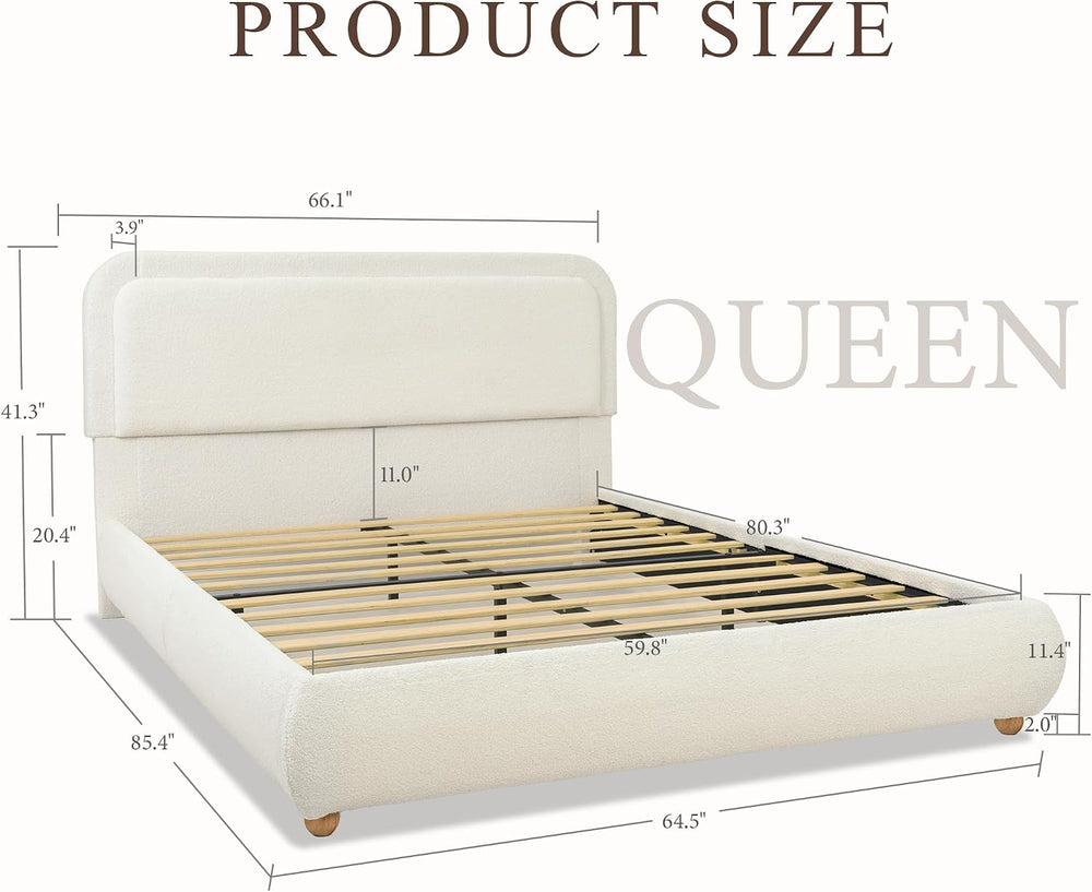 Brafab Cloud Queen Size Bed Frame with Headboard, Solid Wood Legs, Beige