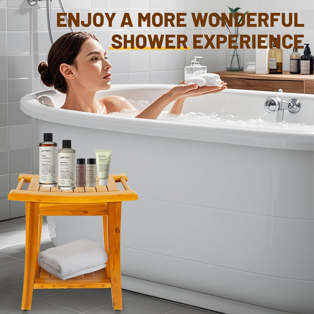 16" Compact Teak Shower Bench with Shelf & Handle, Solid Premium Tea...