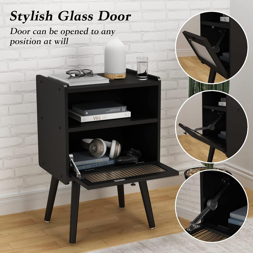 Mid Century Modern Nightstand, Bedside Table with Glass Door, Black | Side Ta...