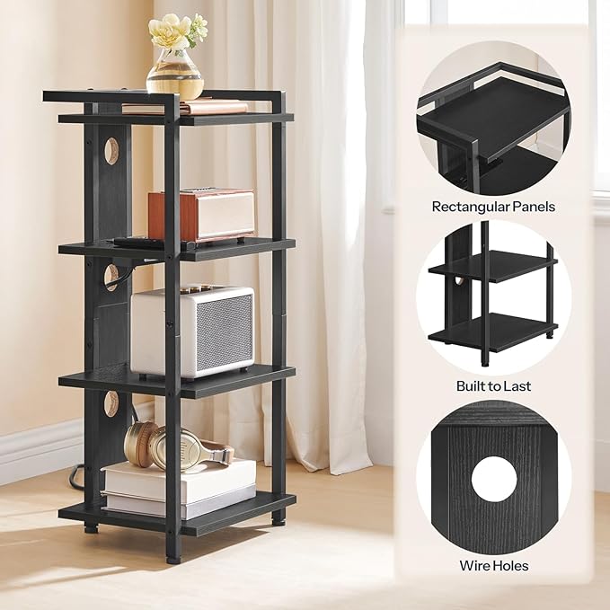 HOOBRO 4-Tier AV Media Stand with Charging Station and LED Light, Wooden Ster...