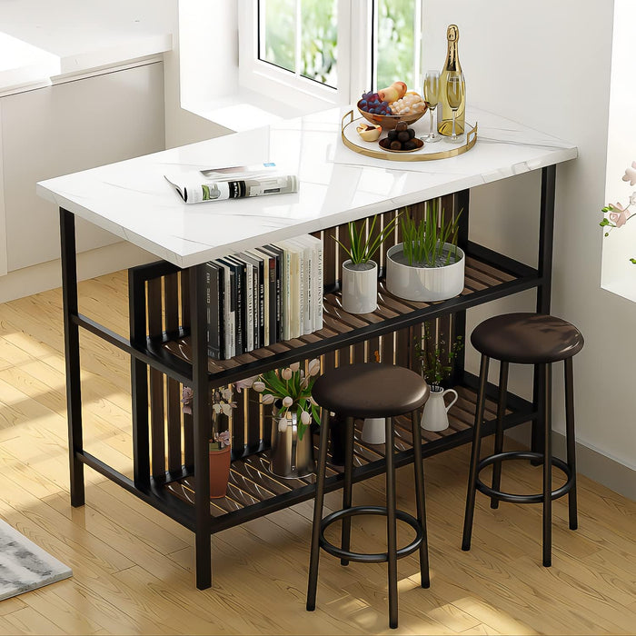 Lamerge 3 Piece Bar Table and Chairs Set,Industrial Kitchen Island Table with Storage and Seating,Faux Marble Kitchen Tables Set for 2 with Shelves,Counter Height Table Set for Small Space,White