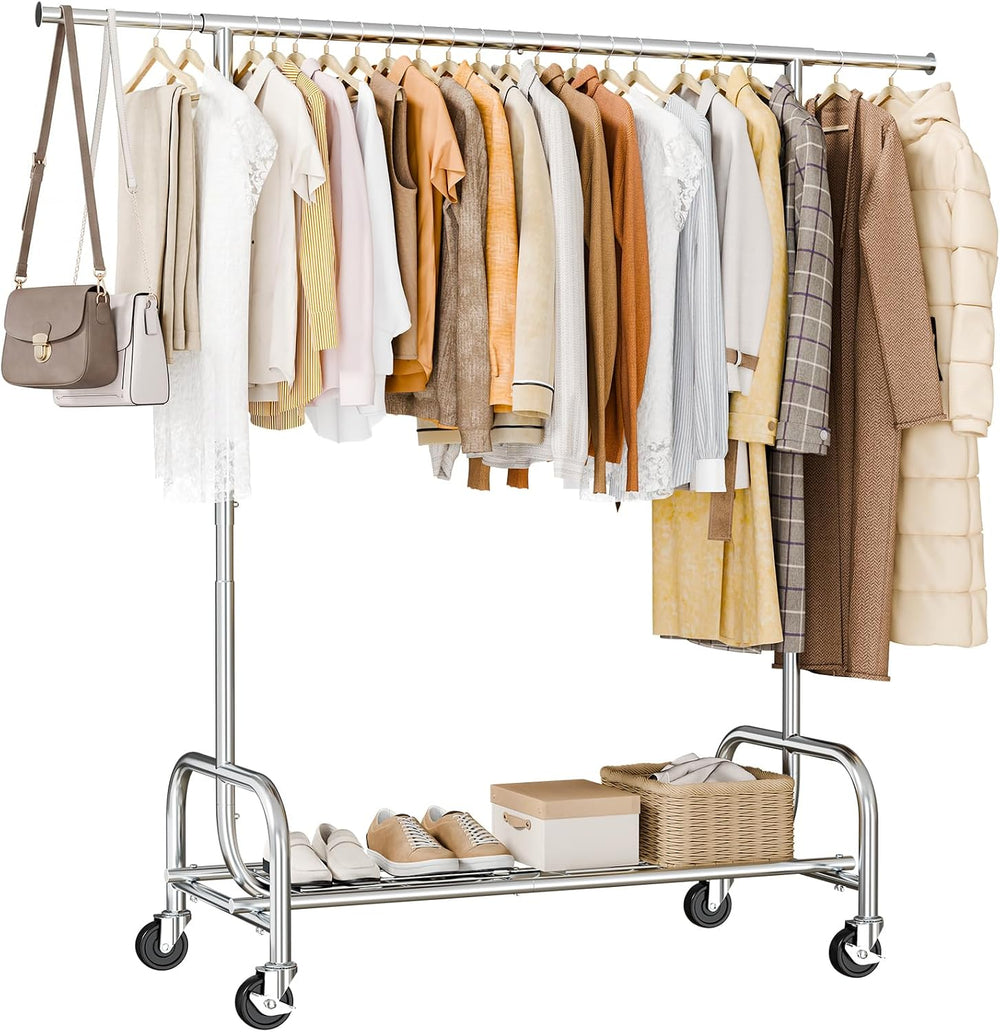 OLIXIS Heavy Duty Clothes Rack, Clothes Rack with Wheels, 450lbs, Silver
