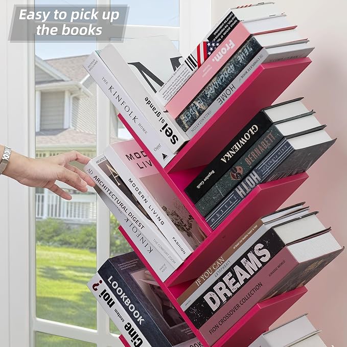 8 Tier Tree Bookshelf with Drawer, Free Standing Wood Bookcase for Narrow Spa...