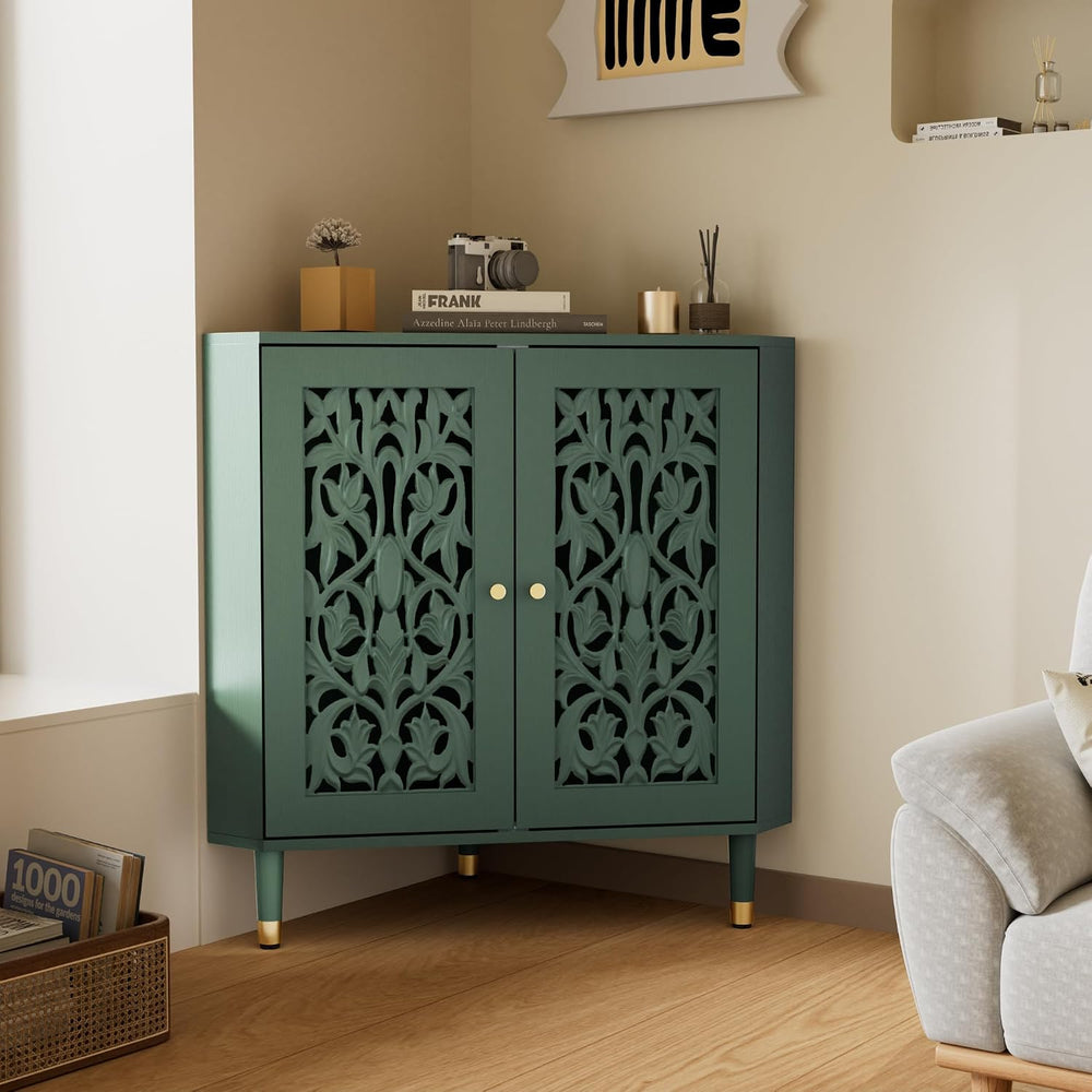 3More Retro Hollow Carved 2-Door Accent Corner Storage Cabinet Green