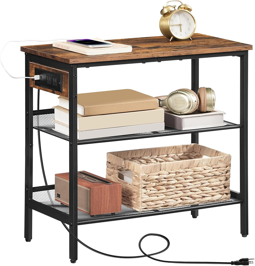 HOOBRO End Table, 3-Tier Narrow Side Table with Charging Station, Nightstand ...