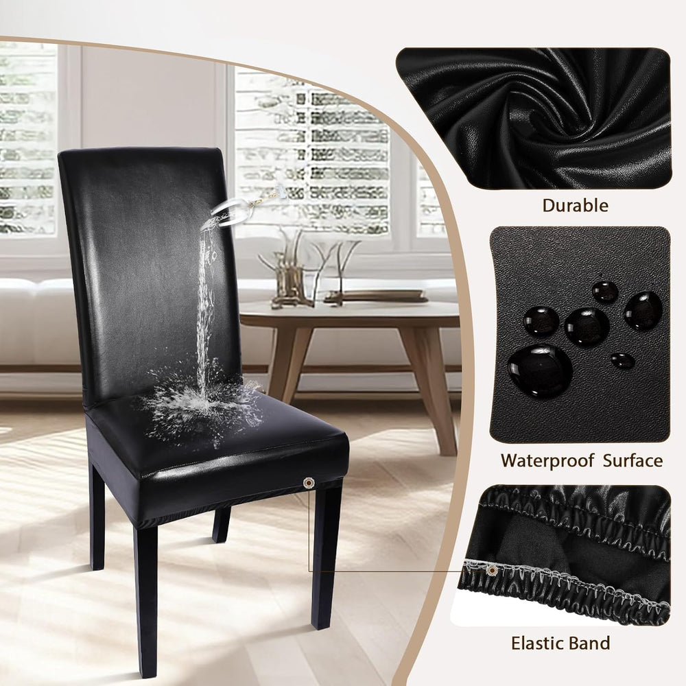 SearchI Waterproof PU Leather Dining Chair Covers Stretch, Set of 6, Black