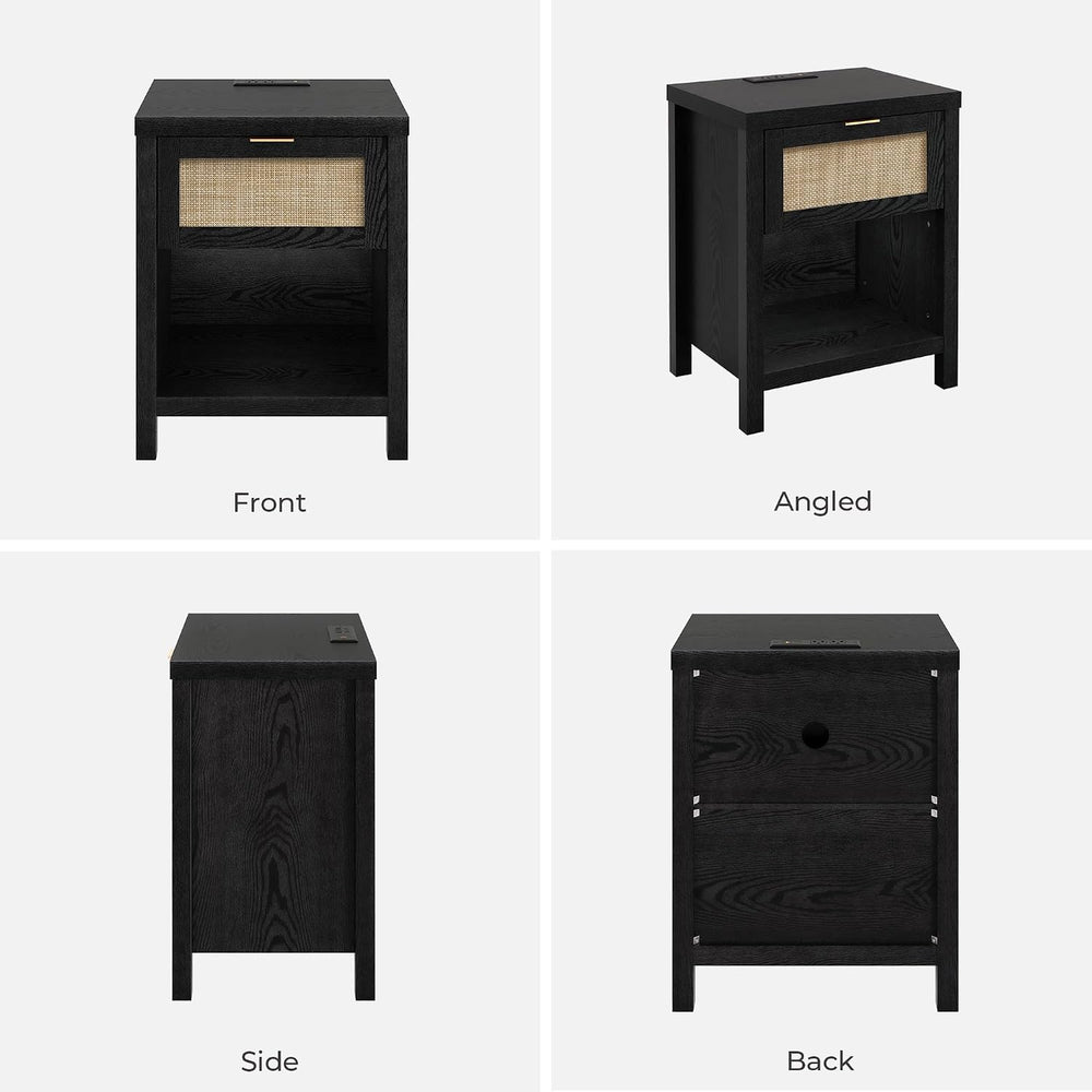 SICOTAS Black Rattan Nightstands Set of 2 with Charging Station | Modern Nigh...