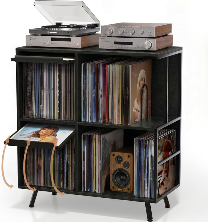 Faesun 3 Tier Record Player Stand with Flip-Down Record Shelf, Black