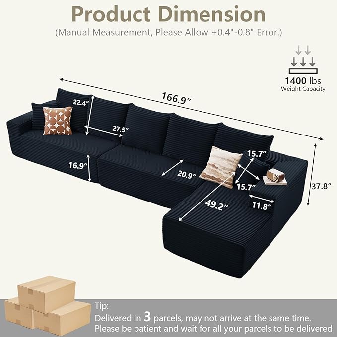 166.9" Cloud Sectional Couch with L-Shape Chaise, Upholstered Corduroy C...