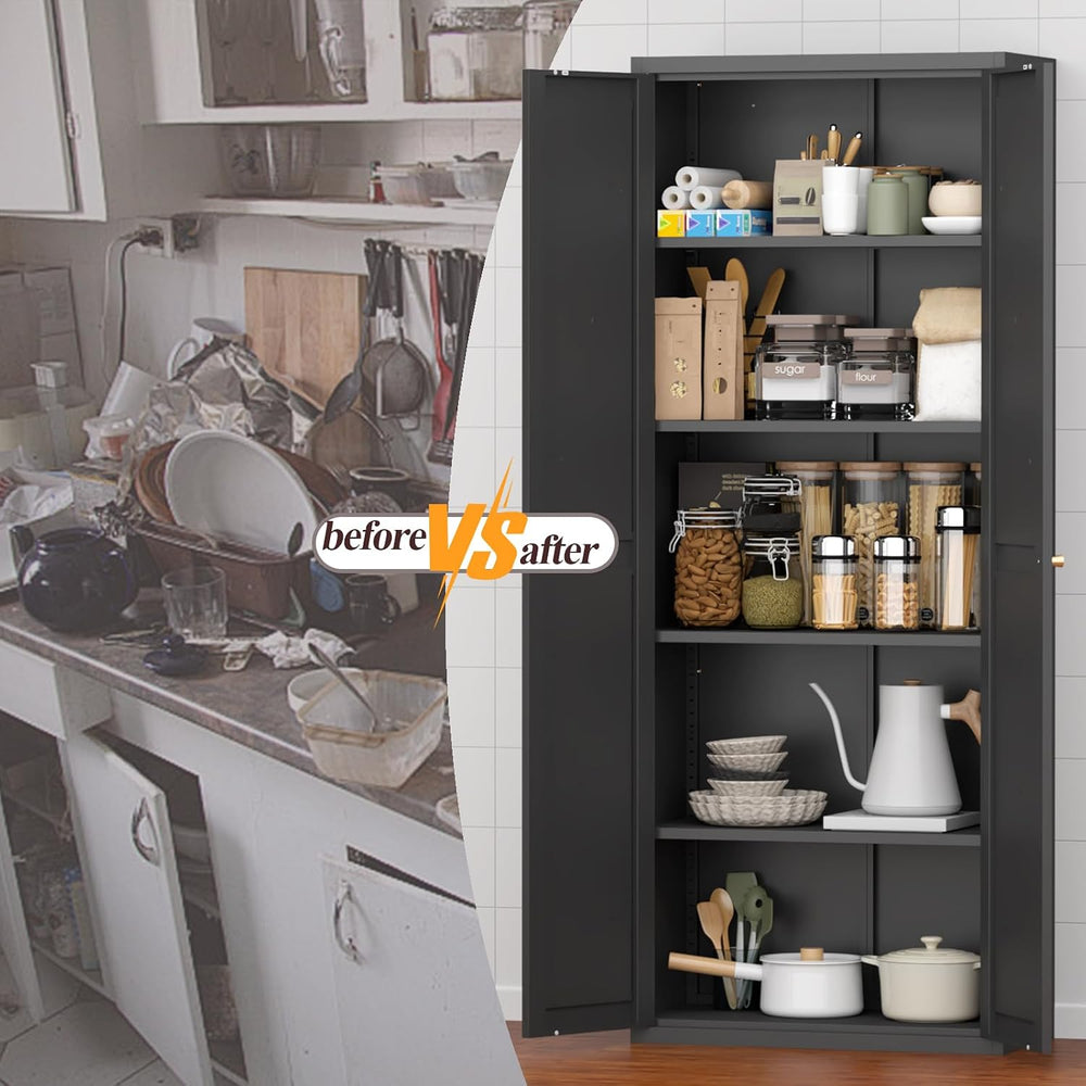 71" Tall Metal Kitchen Pantry Cabinet with 2 Doors and 4 Adjustable Shel...