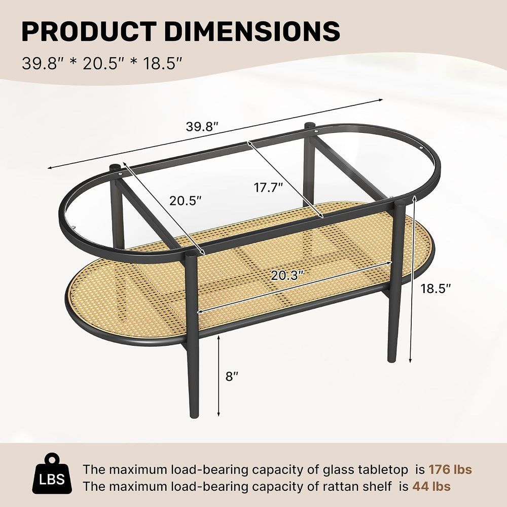 Boho Oval Coffee Table with Storage Shelf, 2-Tier Tempered Glass