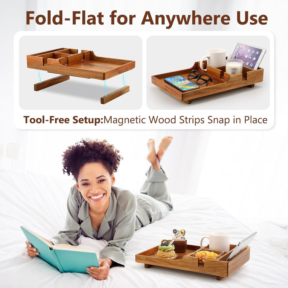 Couch Insert Tray for Middle Seat, Acacia Wood Couch Table with 2 Cup Holders...