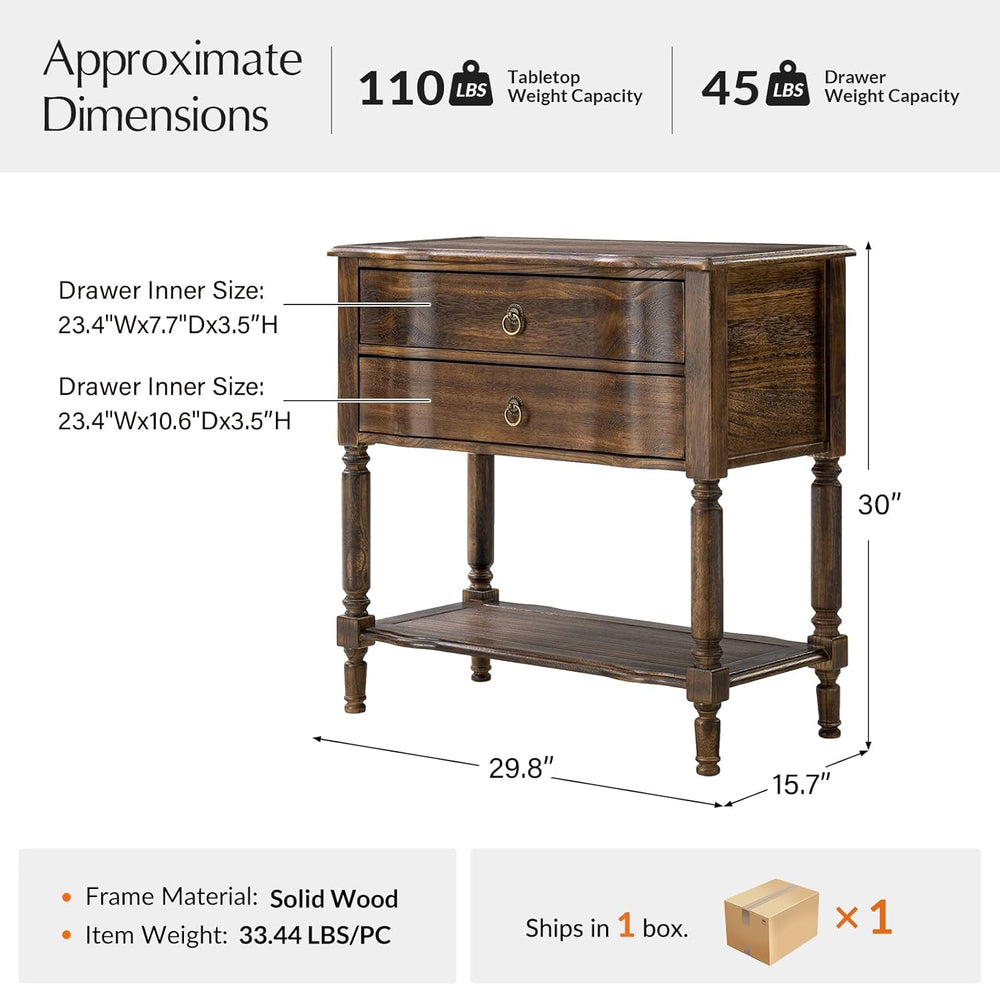 HULALA HOME End Table with Charging Station, Solid Wood Side Table with 2 Dra...