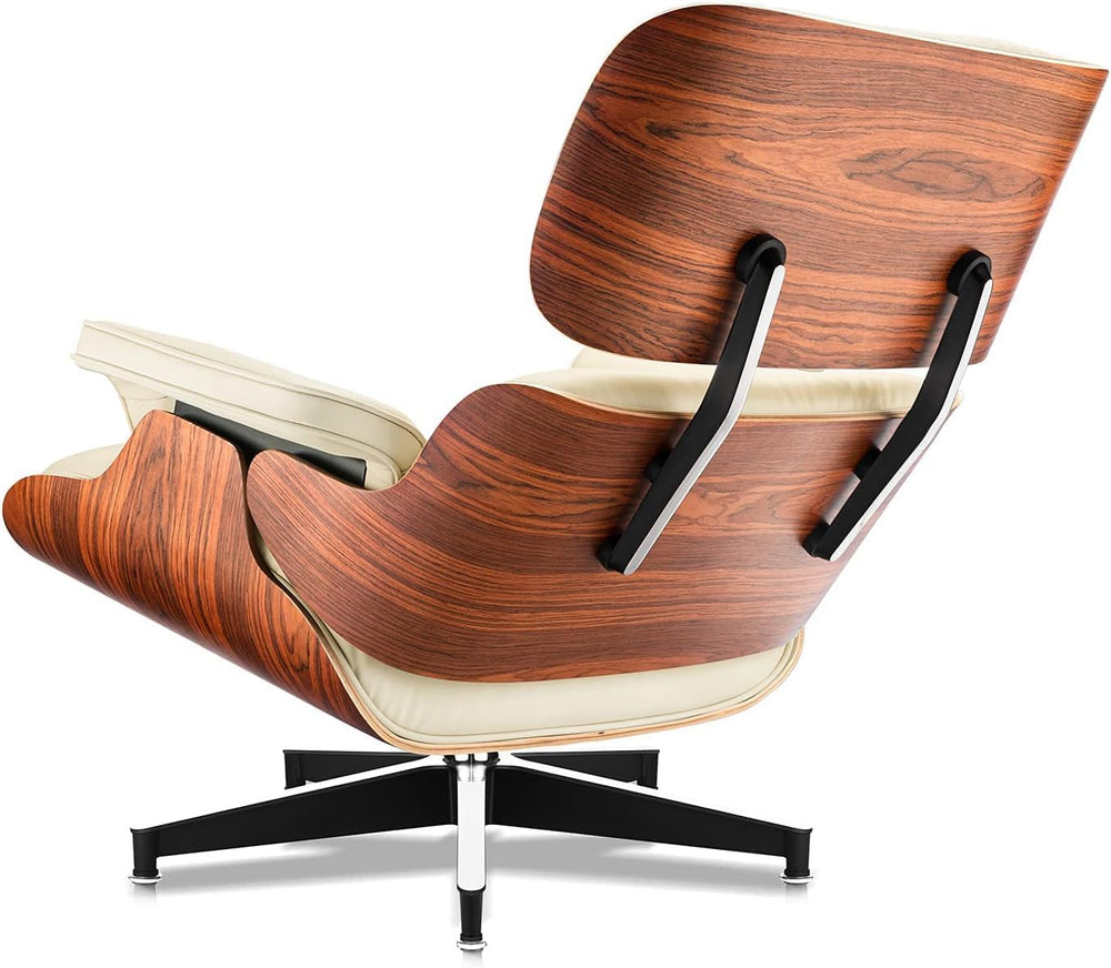Top Cream White Grain Leather, Mid Century Chaise Lounge Chair and Ottoman, M...