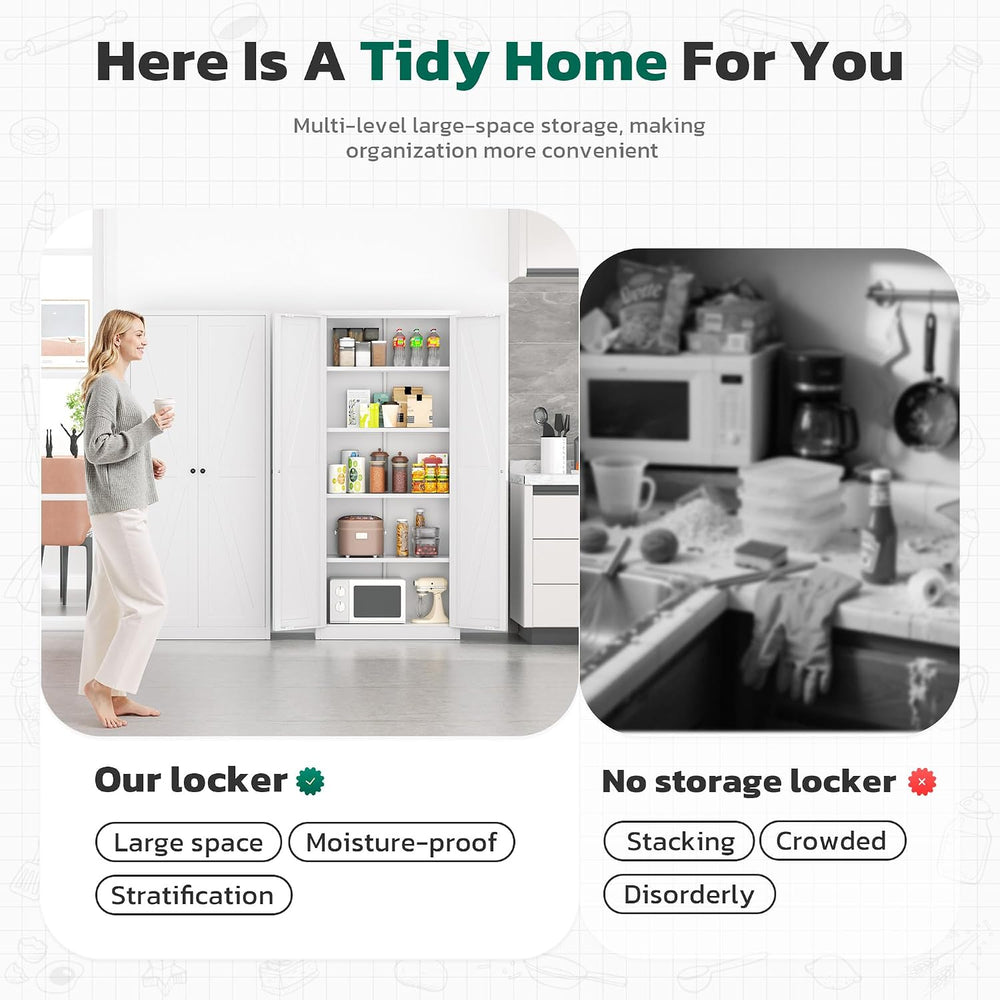 Greenvelly Metal Pantry Cabinet, 63” White Kitchen Pantry Cabinet with Doors ...