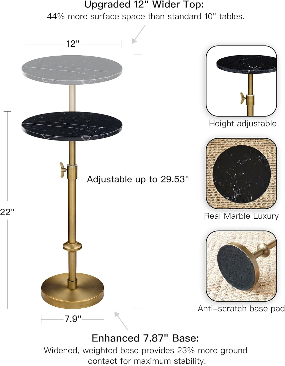 Adjustable 12" Black Marble Drink Table with 2 Coasters, Antique Brass